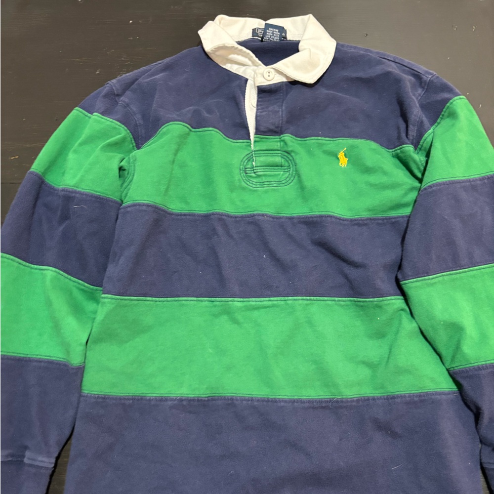 Polo by Ralph Lauren Men's Green & Navy Stripe Rugby Shirt 12-14